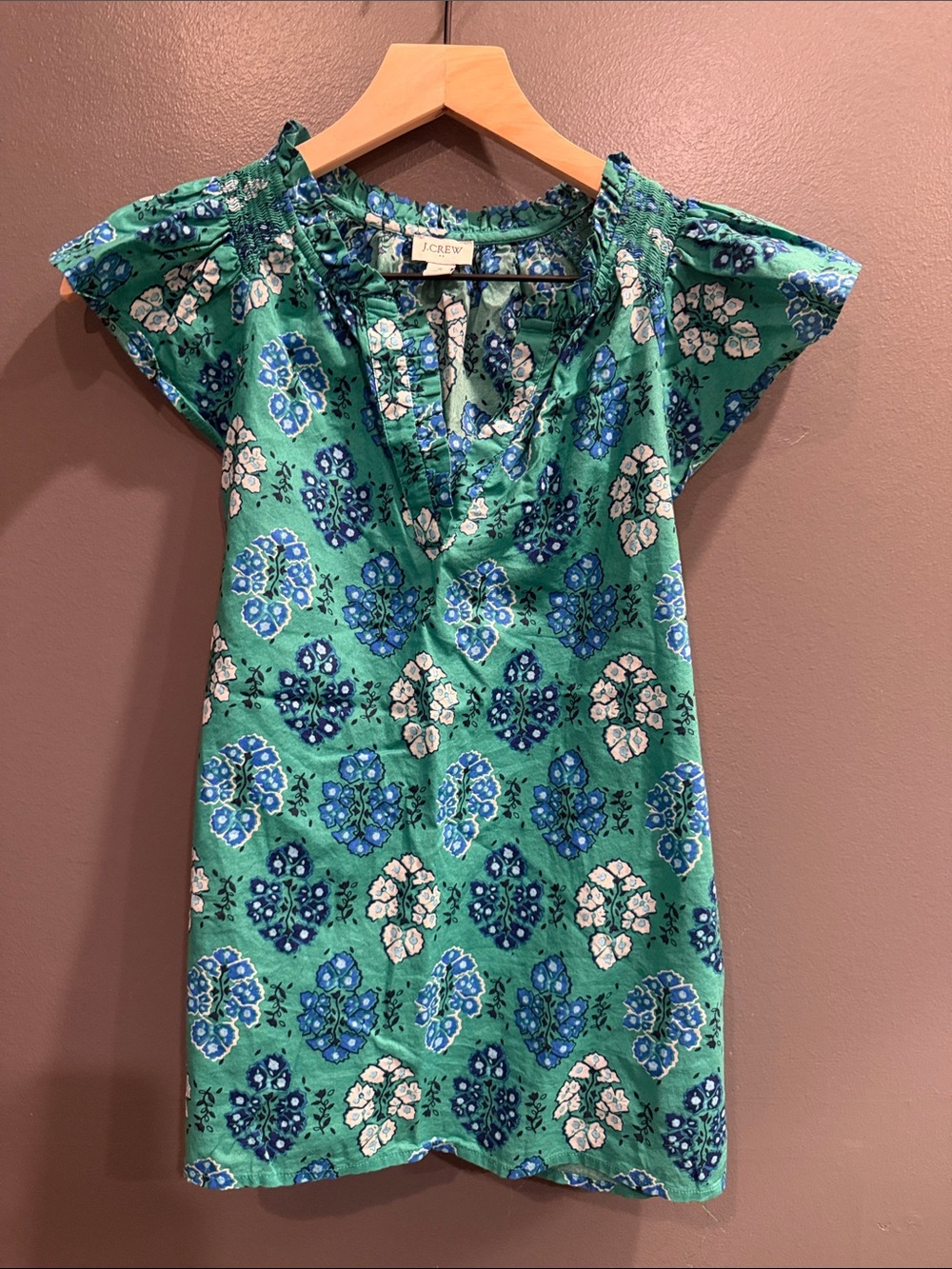 J. Crew Green Floral-Print Short Sleeve Tunic with Blue and White Medallions